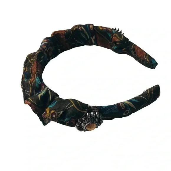 Handcrafted Paisley Silk Headband Upcycled Scrunchy Crown Silver-Tone Medallion - Picture 4 of 8